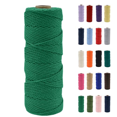 POPOYU Filato macramè, 2 mm, filato macramè, verde smeraldo, filato di cotone 2 mm x 100 m, corda di cotone naturale, filo per fai da te, decorazione per il fai da te, per il soggiorno