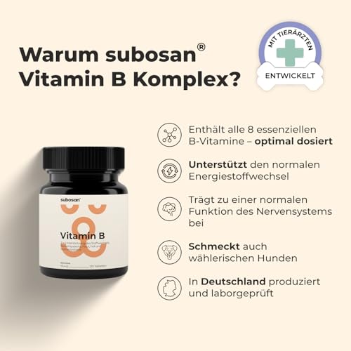 Vitamin B Komplex für Hunde - 120 Tabletten - Hochdosiert: Mit 8 B-Vitaminen (B1, B2, B3, B5, B6, B7, B9, B12) - Mit Tierärzten entwickelt, laborgeprüft & produziert in Deutschland