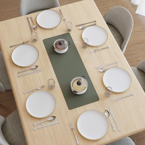 Image of Encasa XO Leather Dining Table Runner | Water & Heat Resistant Double-Layer Runners with Suede Top | Wipeable & Durable Table Runner for Centre Table | 30x85 cm - Olive