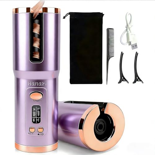 Cordless Automatic Curling Iron 6 Temp Settings All Hair Types 6500mAh Max Battery Type-C Fast Charge Ceramic Ionic Hair Curler for Travel & Outdoor Use AntiScald Auto Shut Off(150-200 ) Purple