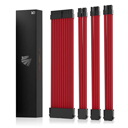 AsiaHorse 16AWG PSU Extension Cable Kit Red, 30CM Sleeved Custom PC Power Supply Cables, Soft Braided ATX 24Pin, EPS 4+4 Pin, 2x PCI-E 6+2 Pin, with Cable Combs for Cable Management