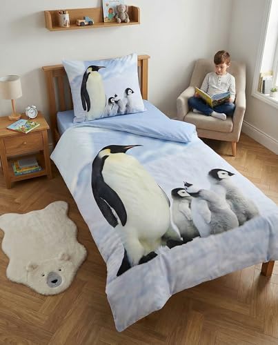 BrandMac Parure de Lit Pingouins 100% Coton, Housse de Couette 140x200 cm + Taie d'oreiller 65x65 cm, Manchots