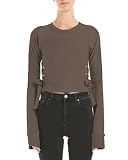 Minetom Femme Automne Mode Côté Tricoter Dentelle Tops À Manches Longues Sexy Svelte Crop Top Couleur Unie Tops Café FR 36