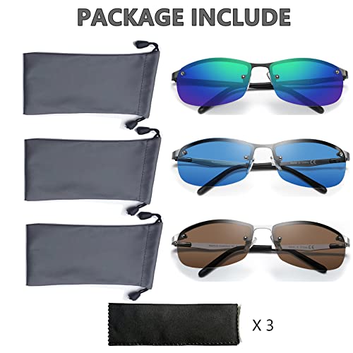 Image of 3 Pack Polarized Sunglasses for Men, Semi-Rimless Frame Driving Fishing Sun glasses UV400 Block Glare /Blue Light