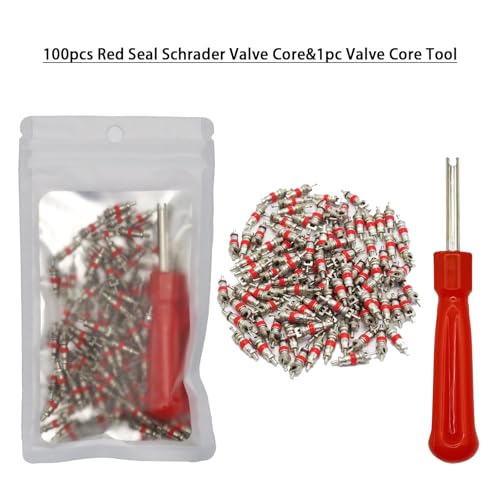 Image of 100Pcs Schrader Tire Valve Core and 1Pc Valve Core Removal Tool,Replacement for General Vehicles of Cars,Motorcycles,Bicycles and Trucks,Two Colors Seal Rubber Ring Available (Red)