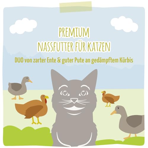 MjAMjAM - Premium Nassfutter für Katzen - DUO von zarter Ente & guter Pute an gedämpftem Kürbis, 6er Pack (6 x 200 g), getreidefrei mit extra viel Fleisch