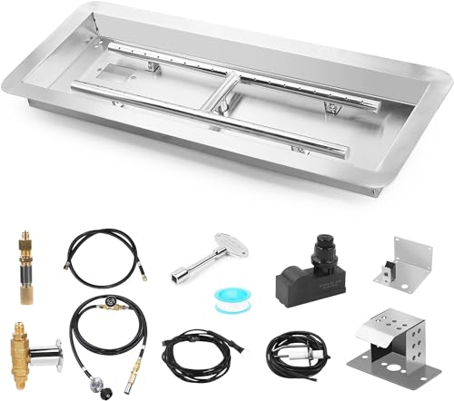 24' x 8' Drop-in Fire Pit Pan, Rectangular Stainless Steel Natural & Propane Gas Firepit Insert Kit with H-Burner, Spark Ignition and Propane Hose Kit for Indoor & Outdoor, Rated for up to 120,000 BTU