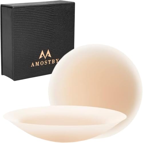 AMOSTBY Nipple Covers for Women-Reusable Silicone No-Show Inserts with Travel Box,8CM Invisible Stickers with Ultrathin Edge (Creme)