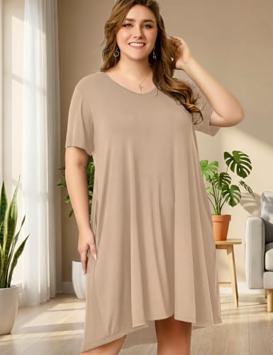 Image of OVERWORETY Womens Short Sleeve Plus Size T-Shirt Dress V Neck Casual Loose Swing A-Line Summer Tunic Dresses with Pockets