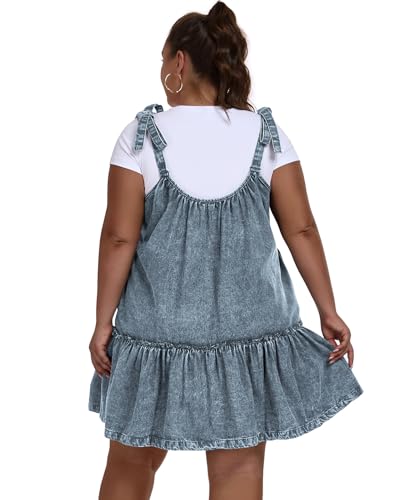 Women Denim Cami Dress Tie Shoulder Ruffle Hem Short Dresses Babydoll Wash Jean Sundress with Pocket4