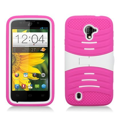 AIMO Rugged Wave Armor Case w/ Built-in Kickstand for ZTE Majesty Z796c [Straight Talk] - (White / Hot Pink)