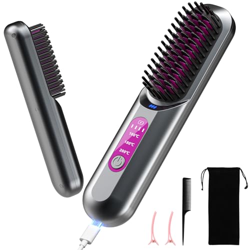 HOMELYLIFE Cordless Hair Straightener Brush, 5000mAh Portable Heated Straightening Comb for Travel, Mini Negative Ion Hair Straightener Brush USB Rechargeable for Women, Beard Straightener for Men