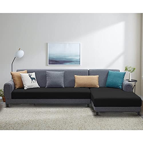 Image of Kraven RHS 6 Seater L Shape Sofa Set for Living Room (Black Grey Fabric)