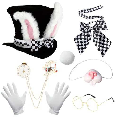 7 Pcs Easter White Rabbit Costume Set for Adult Easter Bunny Ear Top Hat Bow tie Gloves Eyeglasses Rabbit Clock Pin Rabbit Nose Tail for Halloween Easter Cosplay