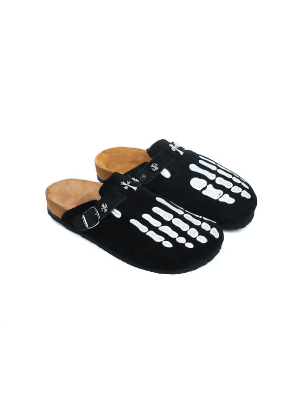 Image of Black Skeleton Mule for Men | High Definition Printed Leather & Suede Footwear | Adjustable Straps | Cork Footbed | Breathable, Odor-Resistant, Eco-Friendly Sole | UK5 to UK10