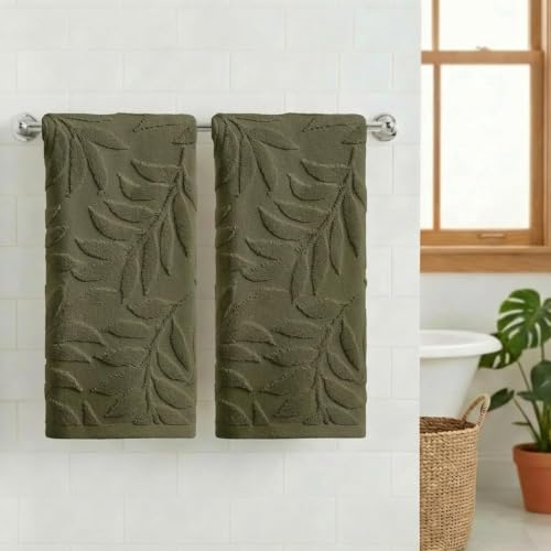 Artoid Mode 2 Pcs Olive Green 3D Leaves Jacquard Spring Hand Towels for Bathroom, 100% Cotton Soft Absorbent Bathroom Decor Towels, 13.7 x 29.5 Inch by Artoid Mode - Used condition - Image 2