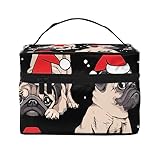 borsa cosmetica da viaggio per cosmetici con cappuccio di babbo natale, per donne, cuccioli carlini in cappello di babbo natale, taglia unica