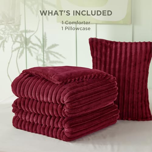Image of Bedsure Twin /Twin XL Fluffy Comforter Set - GentleSoft 2 Pieces Luxury Fleece Dark Red Bedding, Cozy Room Decor Aesthetic, 1 Twin /Twin XL Bed Comforter (68 inchx88 inch) and 1 Pillowcases (20 inchx26 inch)