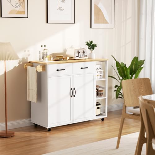 GarveeHome Kitchen Island Cart with Rolling Design, Drop Leaf, 2 Storage Cabinets, 2 Drawers, 3-Tier Spice Racks, and Towel Holder for Home Dining Room