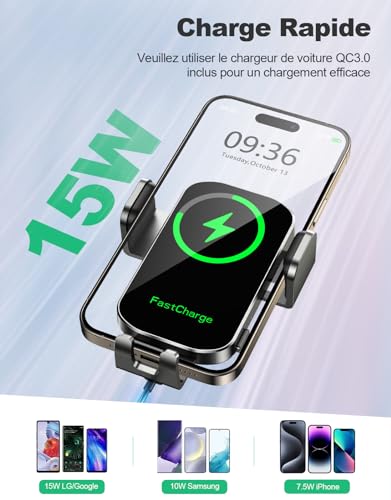Glangeh 15W Support Telephone Voiture Induction, [Serrage Automatique] Chargeur Induction Voiture sans Fil Rapide [Ventouse Militaire], Compatible avec iPhone 17/16/15 Pro Max, Galaxy S24+/S23 Ultra – vue 3