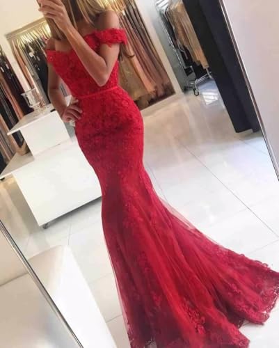 Off Shoulder Lace Prom Dresses for Women Mermaid Wedding Dress Long Formal Evening Party Gown with Train PM0404