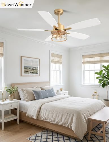 Image of Dawn Whisper 52 Inch Modern Farmhouse Ceiling Fans with Lights White and Gold Rustic Caged Ceiling Fan for Bedroom Living Room Quiet and Reversible DC Motor