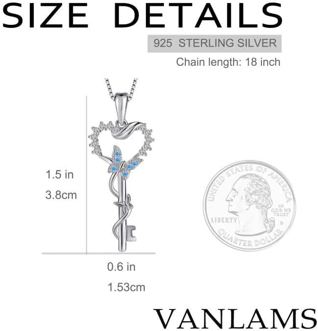 VANLAMS S925 Sterling Silver Angel Wings Necklace for Women, Love Heart Pendant with Butterfly Key - Birthday Gifts - Image 4