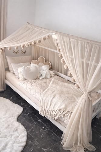 Fancyroom Beige Bed Canopy Decoration Set for Kids, Children's Room Pompom Tulle Set