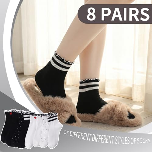 Image of 8 Pairs Women Ruffle Striped Frilly Socks, Cute Checkered Ankle Sock for Women Cotton Knit Casual Crew Socks Size 5-9