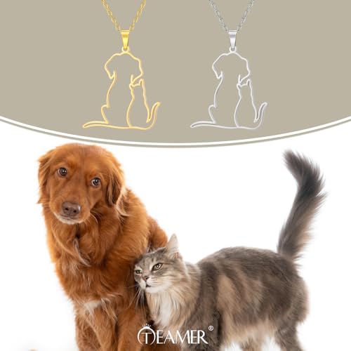 TEAMER Niedliche umarmende Katze Hund Halskette Hunde Anhänger Edelstahl Katzen und Hundeliebhaber Schmuck für Damen und Herren (Silber)