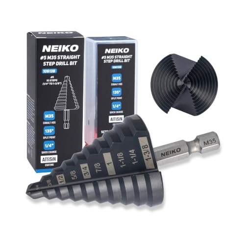 Image of NEIKO 10613B Step Drill Bit, 10 Steps 1 /4 inch to 1-3 /8 inch Straight M35 Cobalt, AlTiSiN Coated, 1 /4 inch Quick Change Step Bits for Steel, Metal, Wood, Plastic, Unibit Cone Drill Bits, Two Flute
