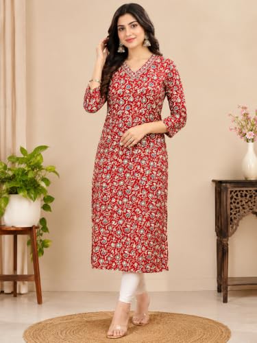 Image of Women's Pure Cotton Regular Fit Floral Printed A-Line Kurta