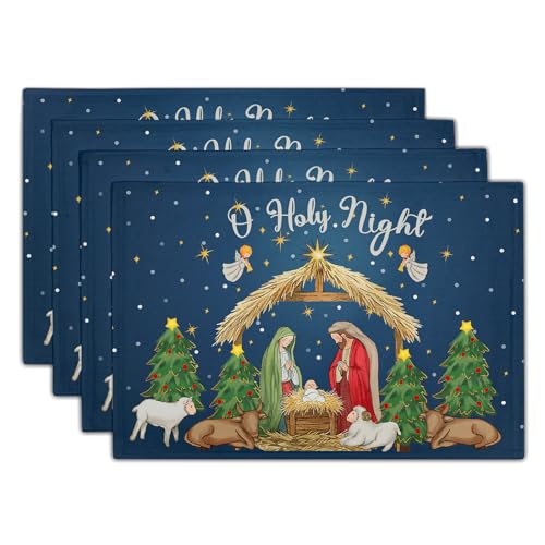 Giwawa Xmas Placemats Set of 4 Winter Blue Holy Night Christmas Nativity Scene Decorative Linen Table Place Mat 12x18 Inch Non Slip Heat Resistance for Kitchen Dining Holiday New Year