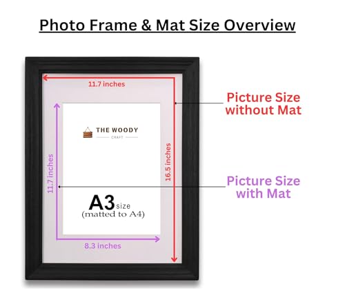 Image of A4 Size Wooden Photo Frame with Mat, Black Photo Frame for Wall Decoration, Home Decor for Wall Hanging, Best Wooden Photo Frame for Posters and Photos (A3 Size Matted to A4 Size)