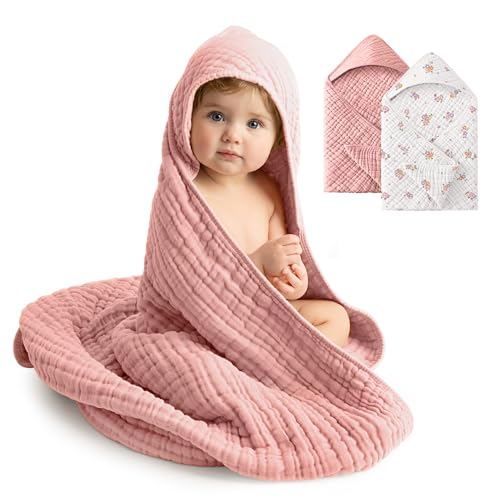 Image of Baby Girl Bath Towels, 100% Muslin Cotton Hooded Baby Towels for Newborn, 2 Pack Baby Towels with Hood for Infant Toddler and Kids, Large 32x32Inch Essentials, Soft and Absorbent Pink Flower