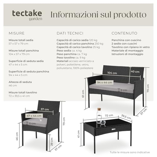 Tectake® Set Da Giardino In Rattan, 4 Posti, Polyrattan Resistente, Cuscini Idrorepellenti Lavabili, Struttura In Acciaio Stabile, Tavolino Con Vetro Di Sicurezza, Arredo Esterno - Nero - 6