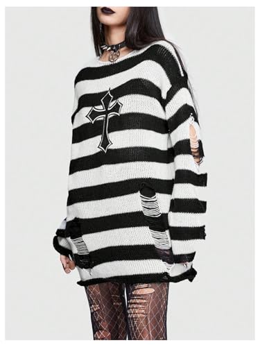 Image of Verdusa Women's Gothic Clothes Striped Sweater Long Sleeve Tops Punk Oversized Sweaters Ripped Sweater Dress Black and White X-Large