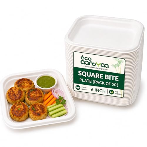 Image of Eco Aaroyaa Bagasse Square DIsposable Plates - 6 inch - Eco-Friendly Biodegradable plates - Oil & Water Resistant use and throw plates for Snacks, Starters, Desserts & Parties (Pack of 50)