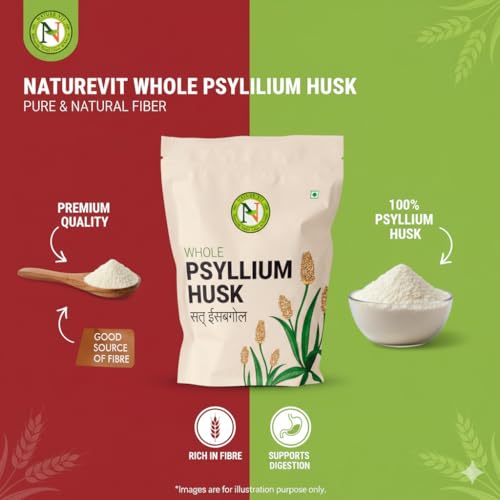 Image of NatureVit Psyllium Whole Husk, 400g [Sat Isabgol] [Fiber Supplement, Perfect for Keto Bread and Gluten Free Baking]