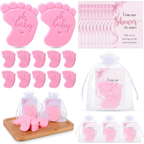 Image of 50 Sets Baby Shower Soap Favors for Guests - Mini Handmade Footprint Scented Soap with Thank You Cards and Organza Bag, Party Gifts for Gender Reveal Baptism (Bow,Pink)