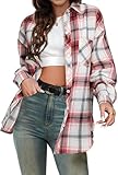 SANGTREE Womens Flannel Shirt Pink Long Sleeve Button Down Plaid Shirts White Red, Small