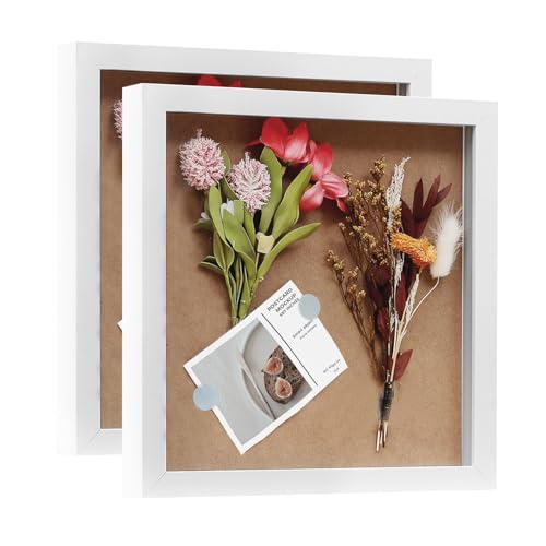Muzilife 10x10 Shadow Box Picture Frame 2-Pack Wood 3D Picture Frame with Glass Cover Display Case for Medals, Wedding Memories, Tickets, and Photos, White