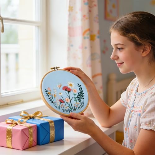 Image of Flower Embroidery Kits for Beginners Adults, Hand DIY Embroidery Art Kits, Floral Stamped Cross Stitch Kits for Beginner Adults Craft Kits for Women, Entire Set of Embroidery Supplies & Video Tutorial