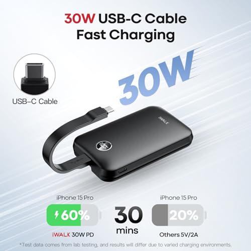Image of iWALK Magnetic Power Bank 10000mAh, 30W Wireless Portable Charger with Fast Charging USB-C Cable,Qi2 Certified 15W Battery Pack with LED Display for iPhone 17 /16 /16 Pro /15 /14 /13 Series, Samsung Galaxy