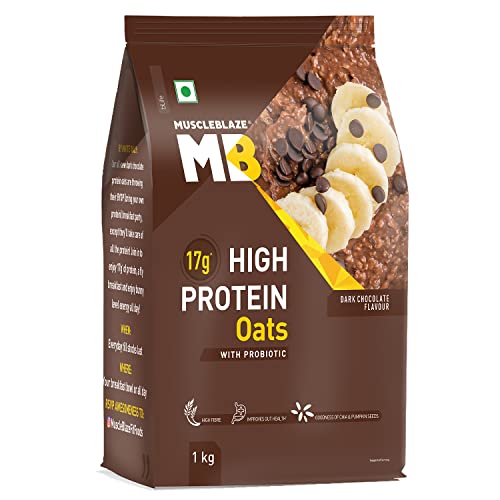 MuscleBlaze High Protein Oats with Added Probiotics, 17 g Protein, Rolled Oats, Breakfast Cereals, Gluten Free, Trans Fat Free, for Weight Management, Dark Chocolate, 1 kg