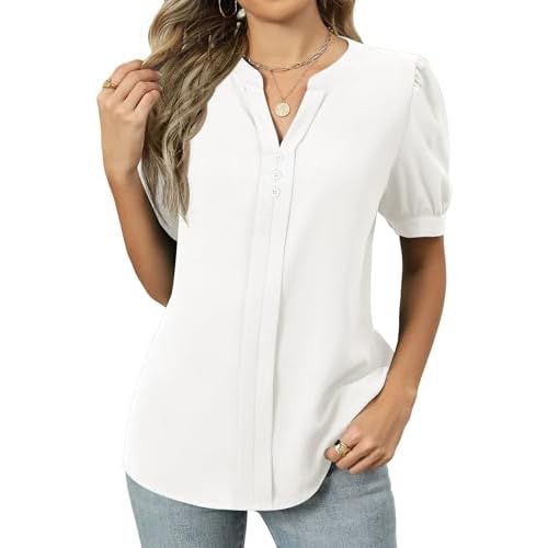 Kistore Women's Short Sleeve Tops Dressy Casual Business Work Blouses V Neck Chiffon Top Office Shirts Medium A White