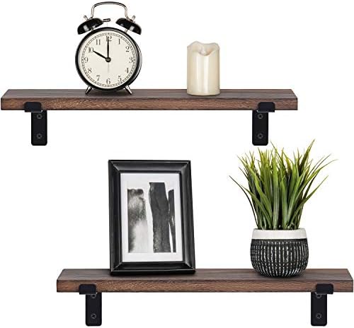 Mkono Floating Shelves Wall Mounted Rustic Wood Wall Shelf Modern Storage Shelving with L Brackets for Home Decor Bathroom Bedroom Living Room Kitchen Office Set of 2, Brown, 17"