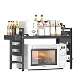 NETEL Erweiterbares Mikrowellen Regal 2-stufiges Mikrowellenständer mit Gewürzregal, Utensilienhalter und 6 Haken, Mikrowellenhalter, küchenregal stehend, Organizer für küchenarbeitsplatte, Schwarz