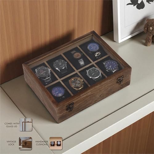 Image of Vintage Wooden Watch Box for Men, Timepiece Storage & Organizer, Display Case, Jewelry Box for Women, Gift for Husband (8 Grooves, Antique Wood)
