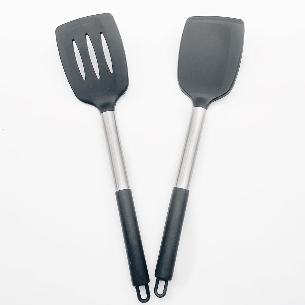 ZAIGON Set of 2 Robust, Non-Stick Silicone Spatulas, Heat Resistant and BPA-Free, Ideal Cooking Utensil for Fish, Eggs and Pancakes (Grey)